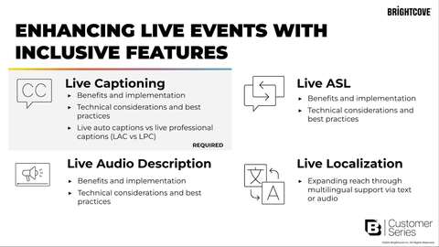 Learn to enhance engagement with inclusive features, captions, and transcripts. Brightcove and 3Play Media share tips, strategies, and case studies on delivering inclusive streams and boosting business growth.