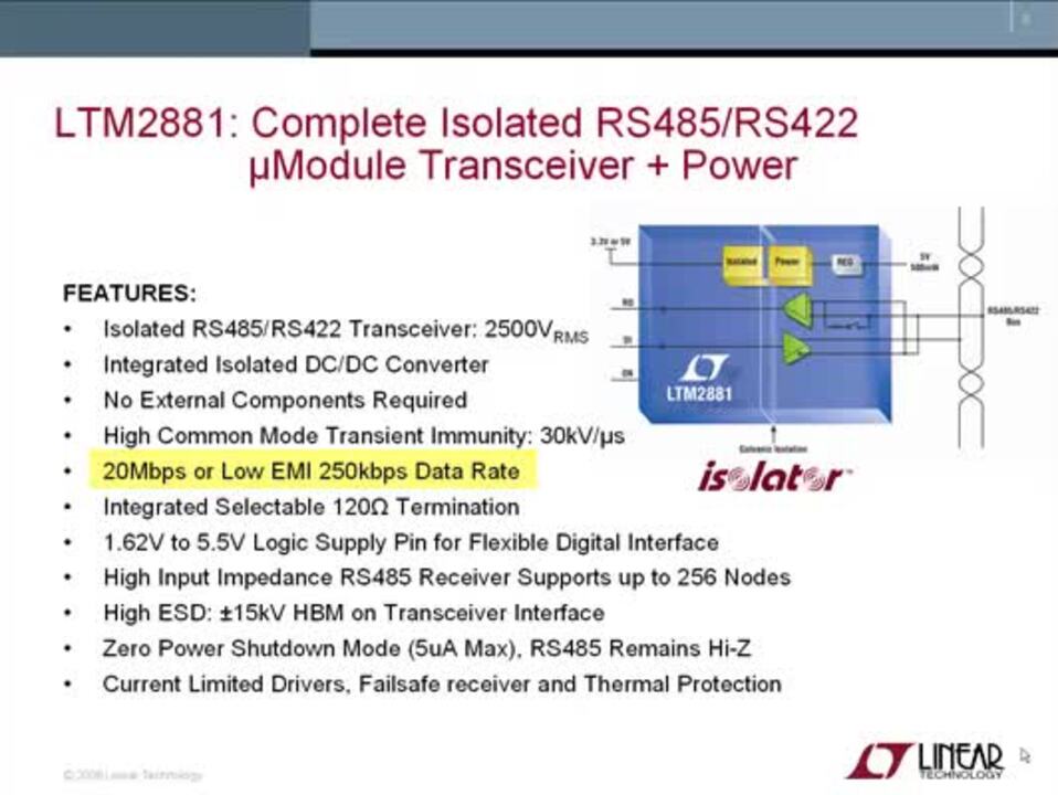 LTM2881, Isolated RS485 Tranceiver with Power in One Small Package