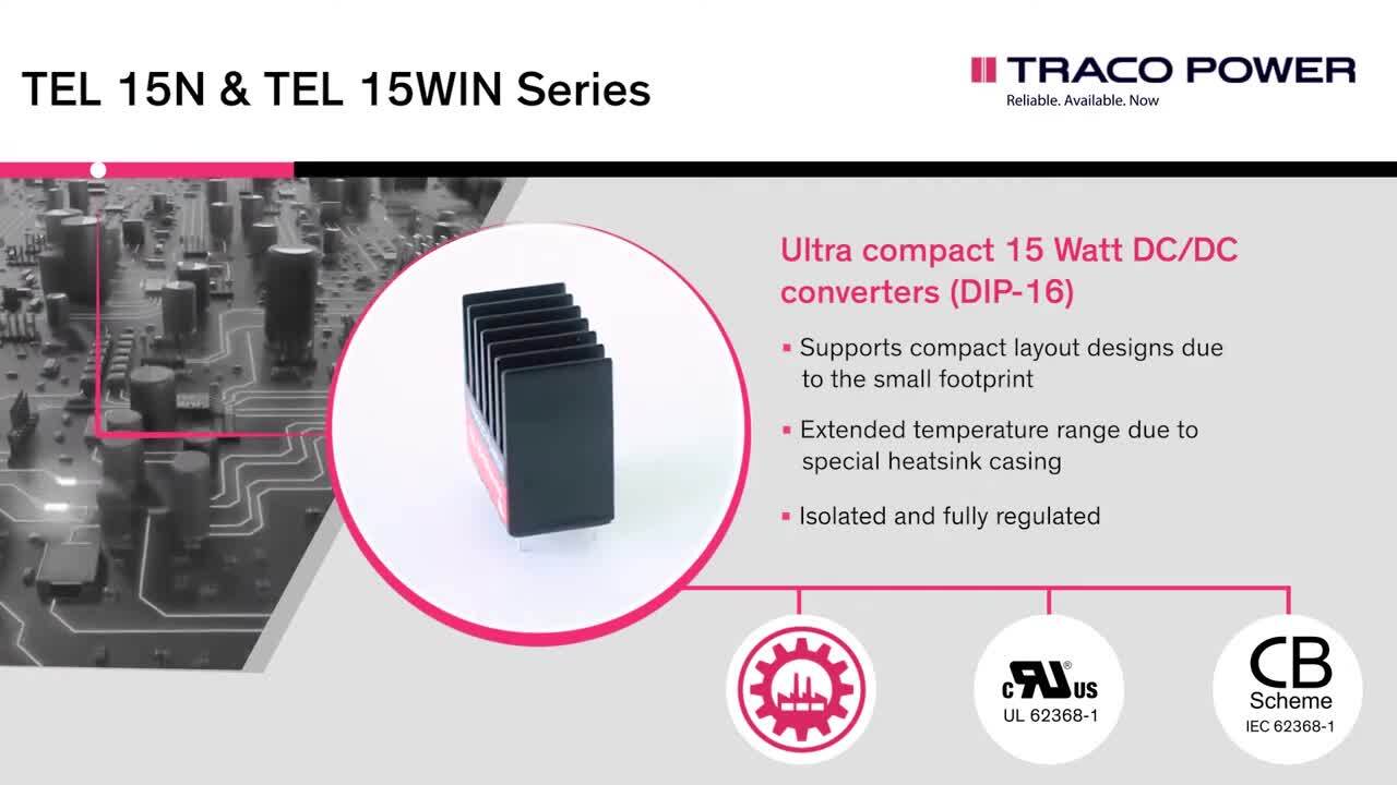 TEL 15N & TEL 15WIN – Ultra compact 15 Watt DC/DC converters (DIP-16)