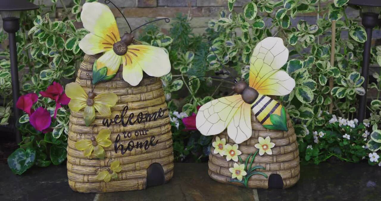 Exhart Solar Hand Painted Bee Hive with LED Flowers Garden Statue