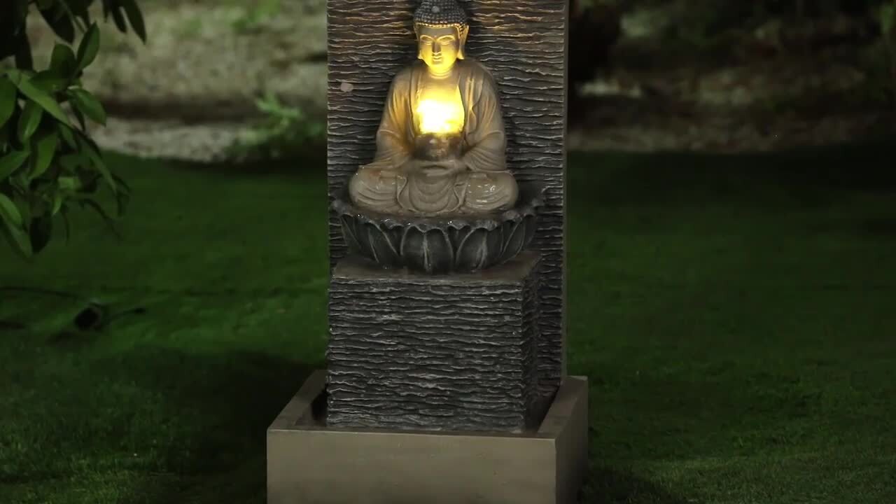 Polyresin Meditating Buddha with Pedestal Patio Cascade Fountain with LED Lights