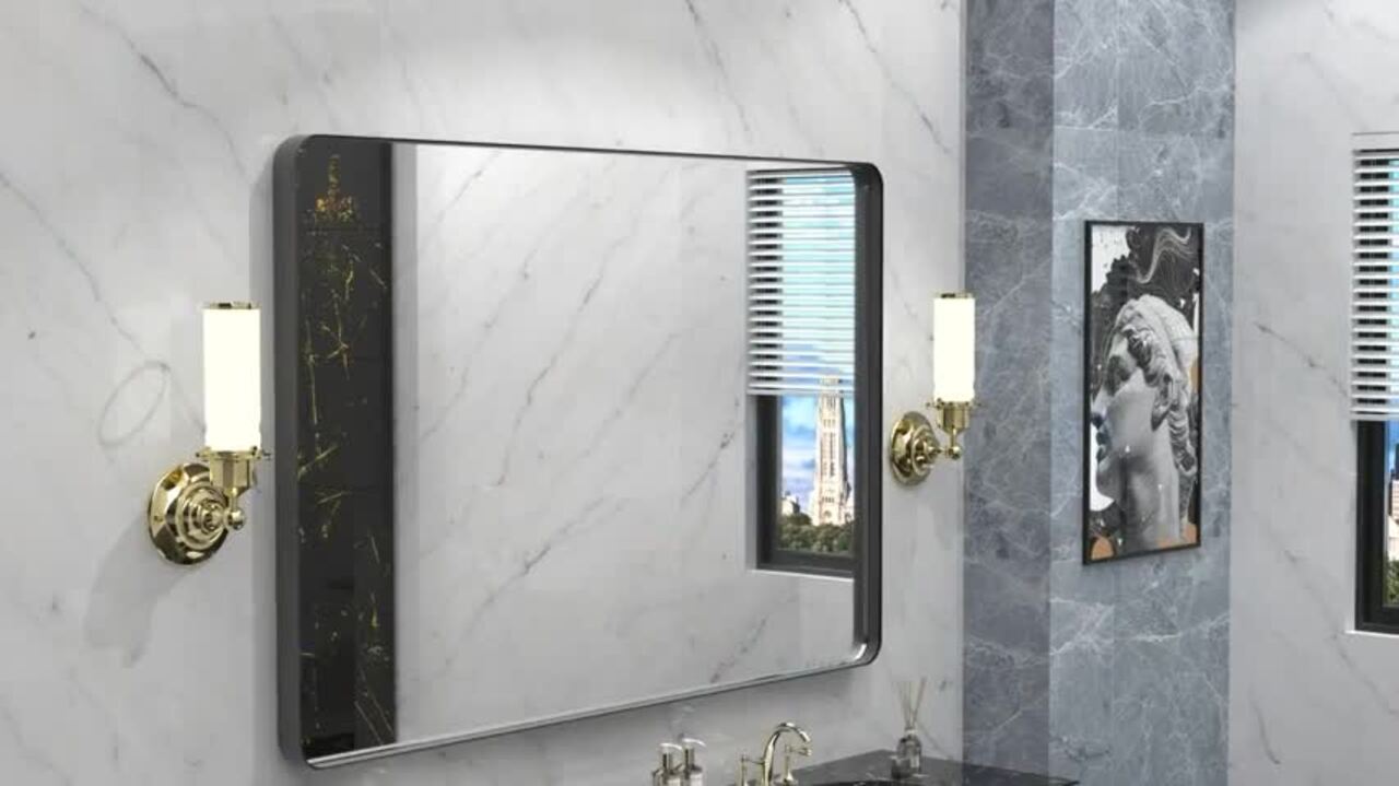 48 in. W x 36 in. H Rectangular Framed Wall Bathroom Vanity Mirror in Rose Gold