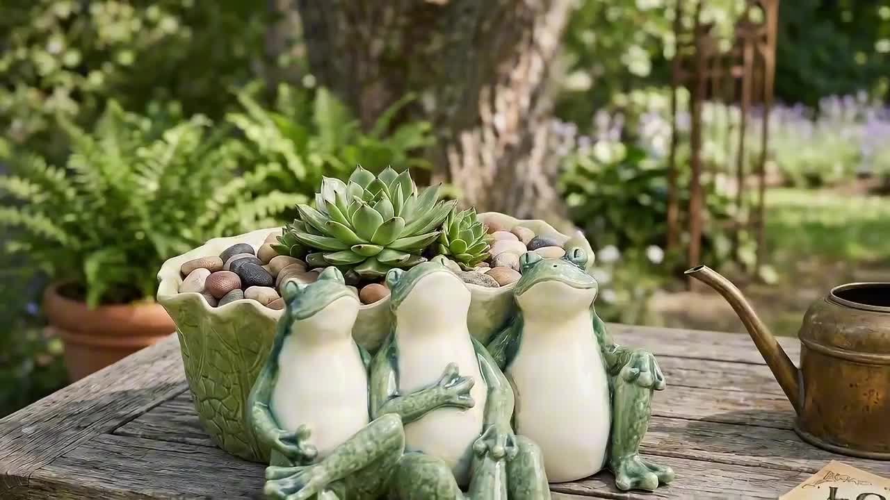 Liv & Skye Green Resin Three Sitting Frogs with Leaf Bowl