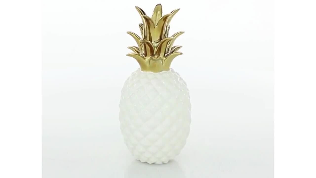 White Porcelain Pineapple Fruit Sculpture with Gold Leaves