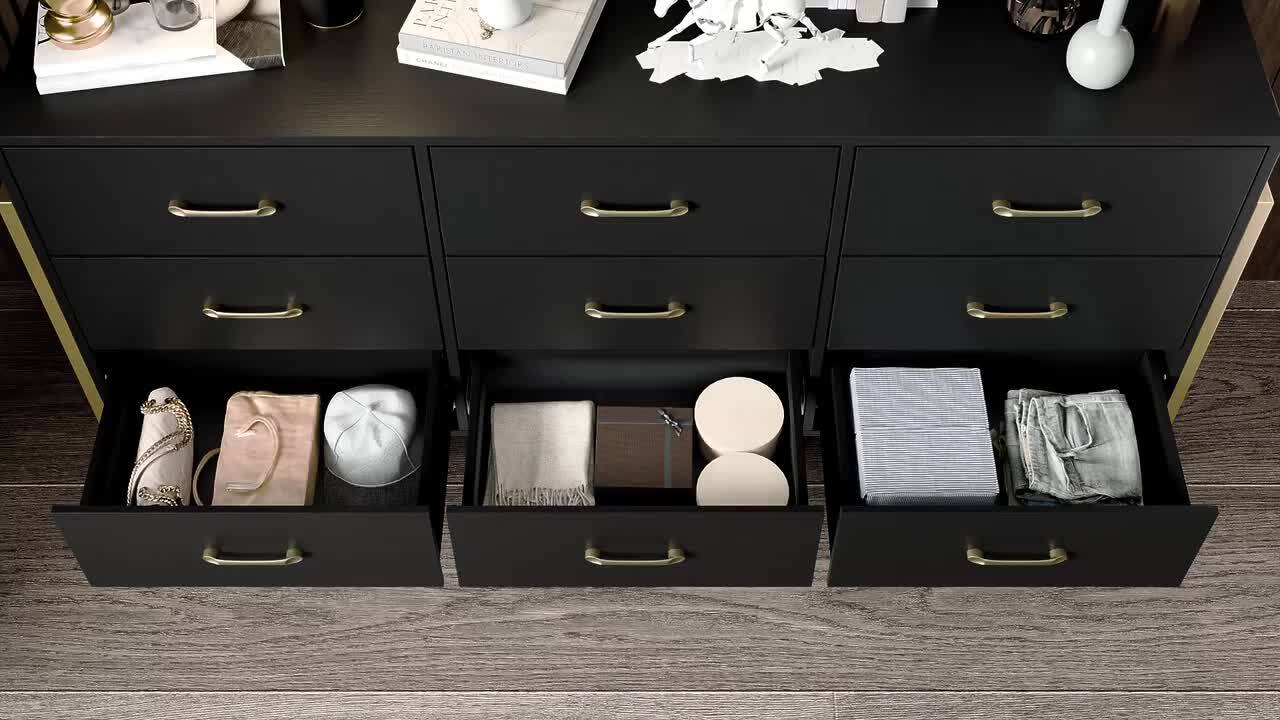 Black Wood 9 Big Drawers 61.4 in. W Dresser With Metal Frame Legs