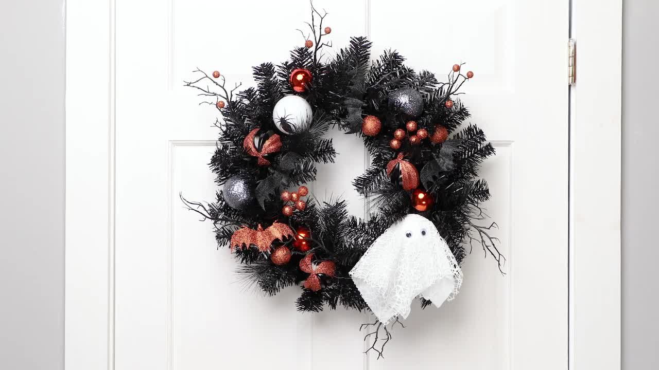 Northlight 24 in. Orange Ornaments and Ghost Pine Halloween Wreath