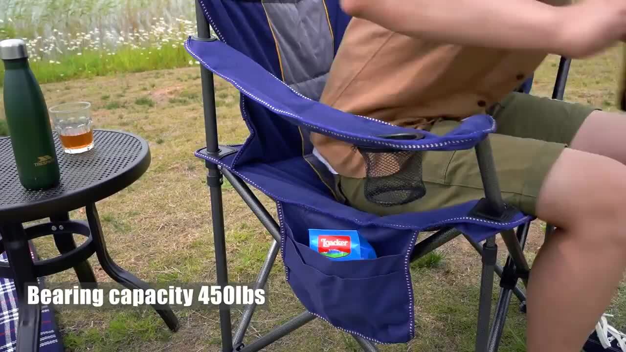 Oversized Folding Camping Chair with Cooler Bag Deluxe Blue Chair Heav