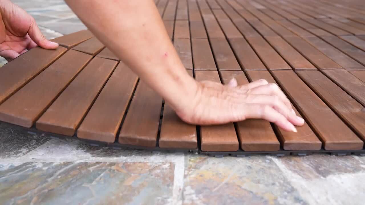 GOGEXX 12 in. x12 in. Square Acacia Wood Interlocking Flooring Deck Tiles Stripe Pattern for Patio in Brown (Pack of 30 Tiles)