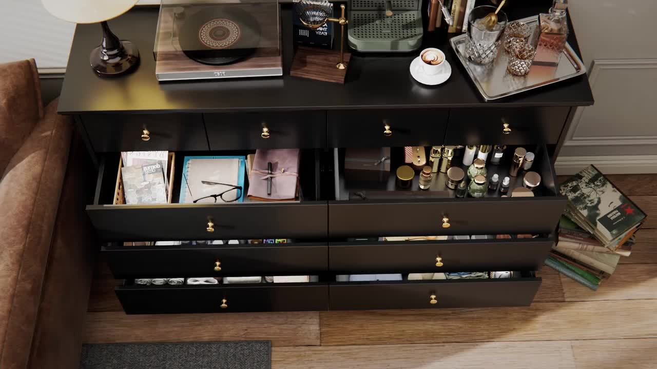 FUFU&GAGA Black 10-Drawers Wood Double Chest of Drawer 55.1 in. W x 15.7  in. D x 35.4 in. H Dresser Organizer KF330034-02