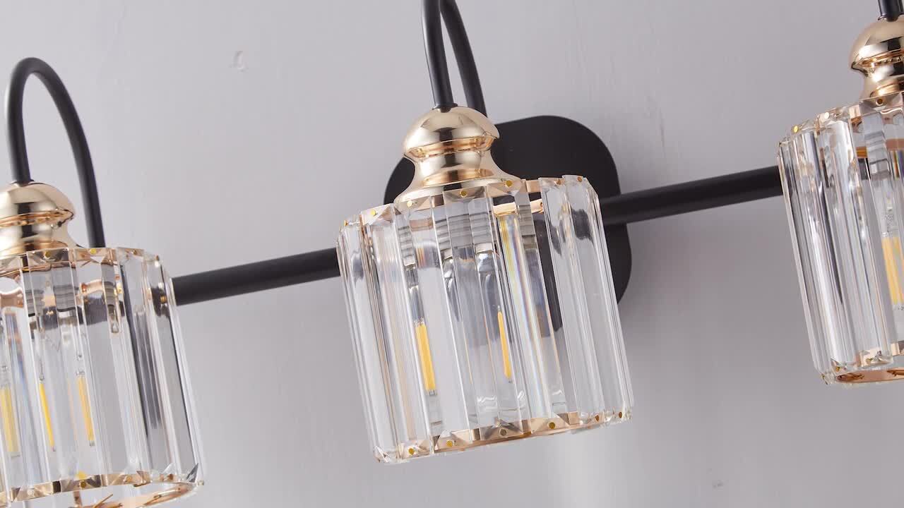 Merrin 23.1 in. 3-Light Black Golden Bathroom Vanity Light with Crystal Shades