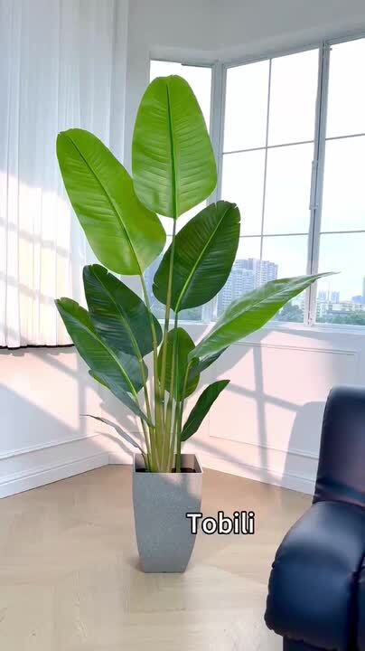 Artificial Tree top in Geometric Pattern Planter, Fake Bird of Paradise Silk Tree, Artificial Plant for Indoor and Outdoor Home Decoration