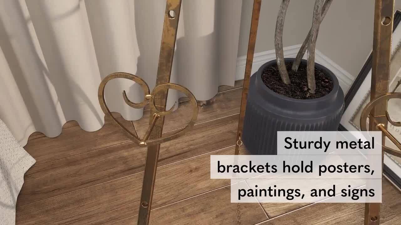 Litton Lane 48 in. Gold Metal Large Free Standing Adjustable Display Stand  3 Tier Scroll Easel with Chain Support 27391, image size:1280x720