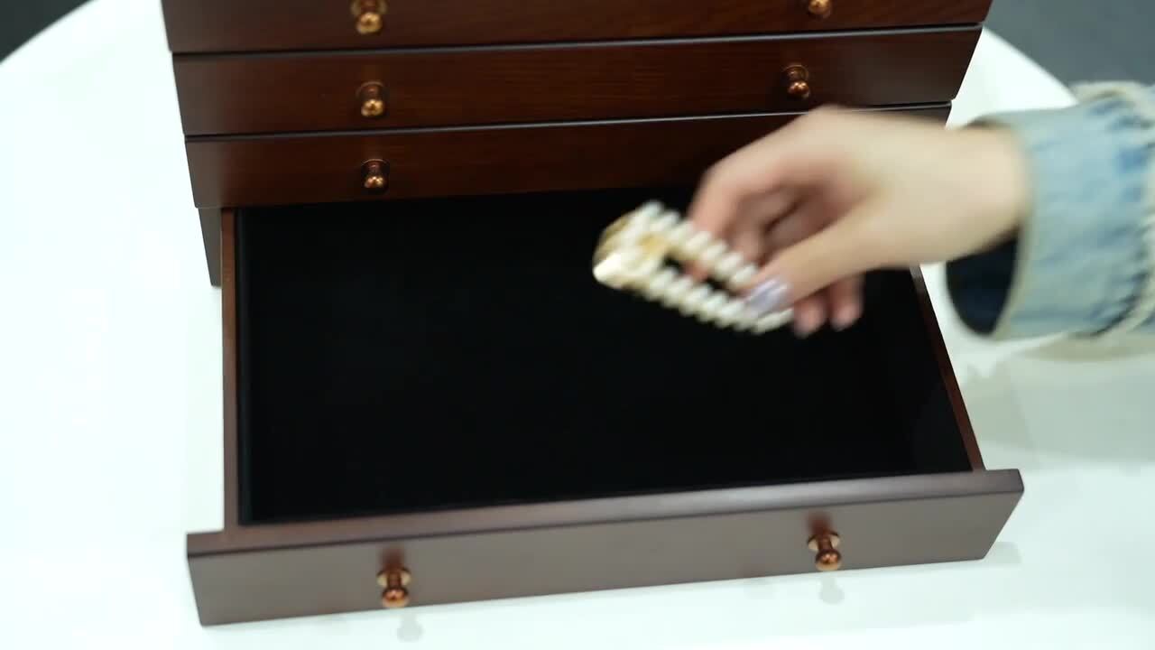 YIYIBYUS Brown Wooden Jewelry Storage Box with Mirror 5-Drawers OT