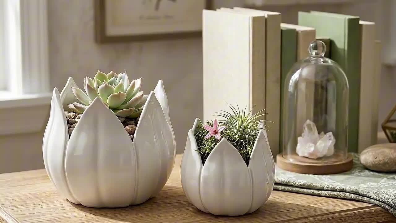 Liv & Skye 8 in. x 8 in. White Ceramic Tulip Petal Decorative Pots