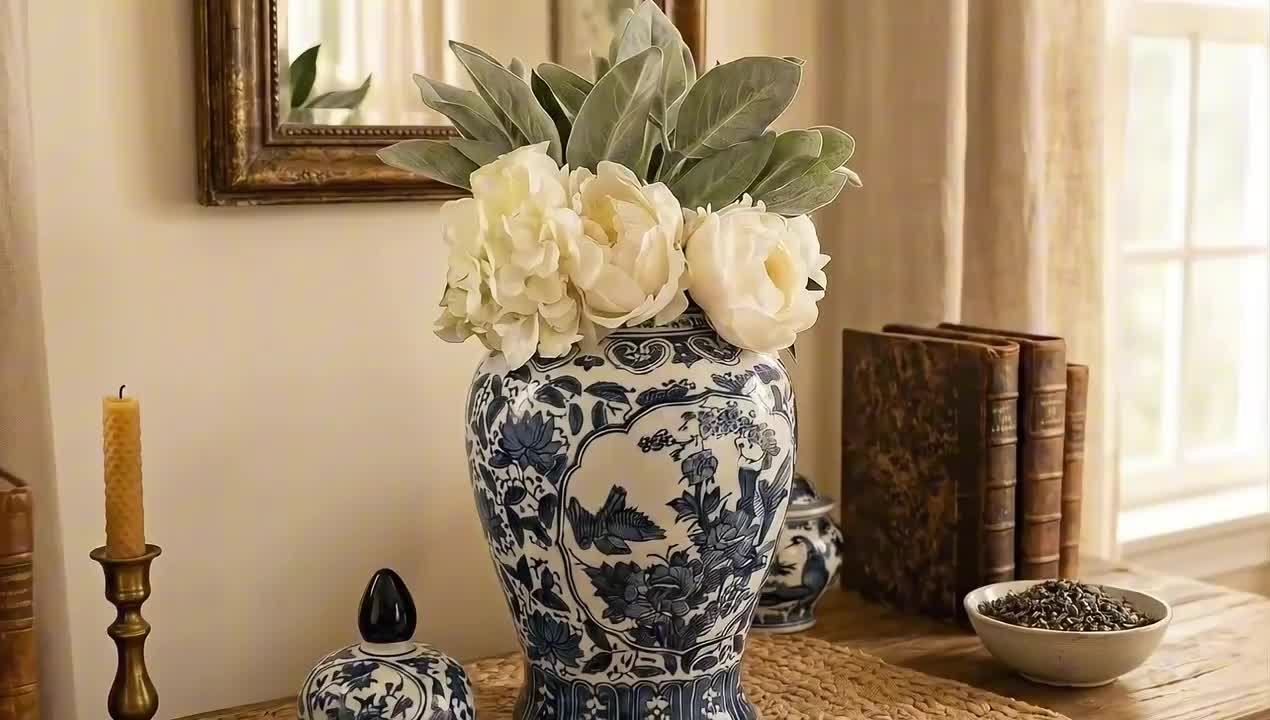 Liv & Skye 18.25 in. Blue Ceramic Chinoiserie Floral Decorative