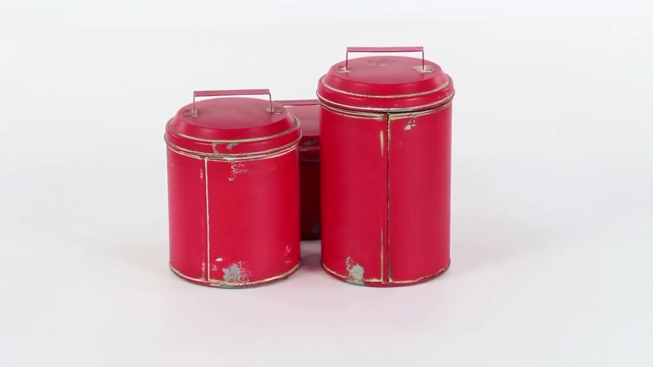 Red Flower Pattern Vintage Metal Tin Canister Set, Country
