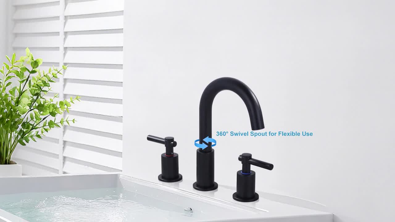 Becaa Matte Black Bathroom Sink Faucet – 8-Inch Widespread 3-Hole Stainless Steel, 2-Handle 360° Swivel Spout, With Pop-Up Drain & Supply Hoses
