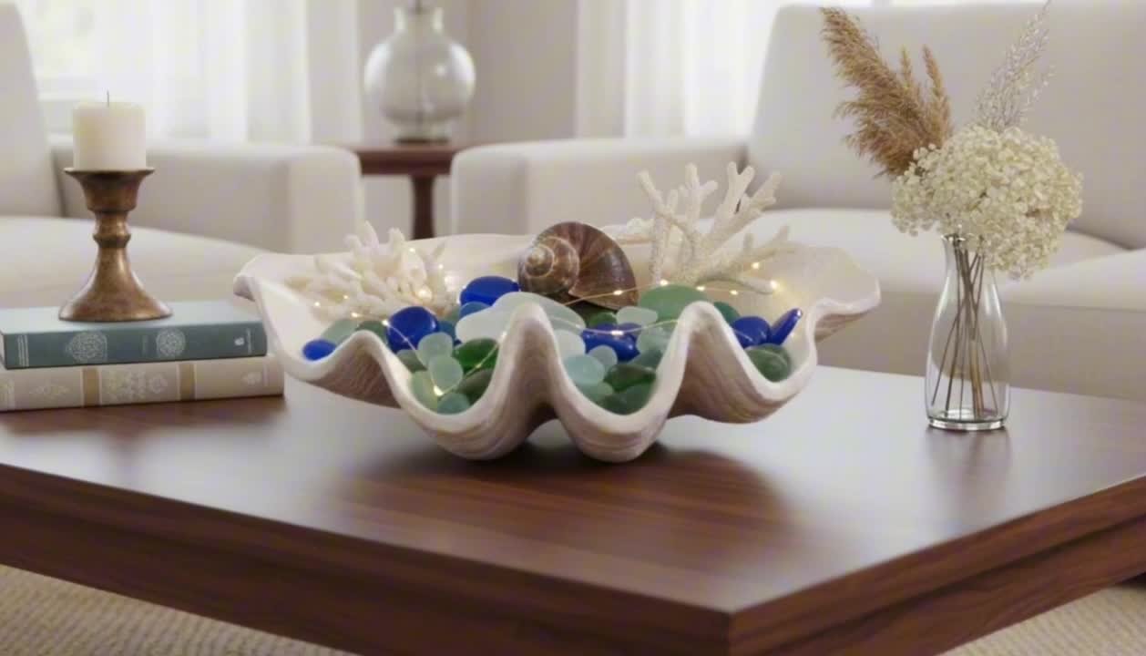 Liv & Skye Ivory Ceramic 25 in. Pearlized Clam Shell Decorative
