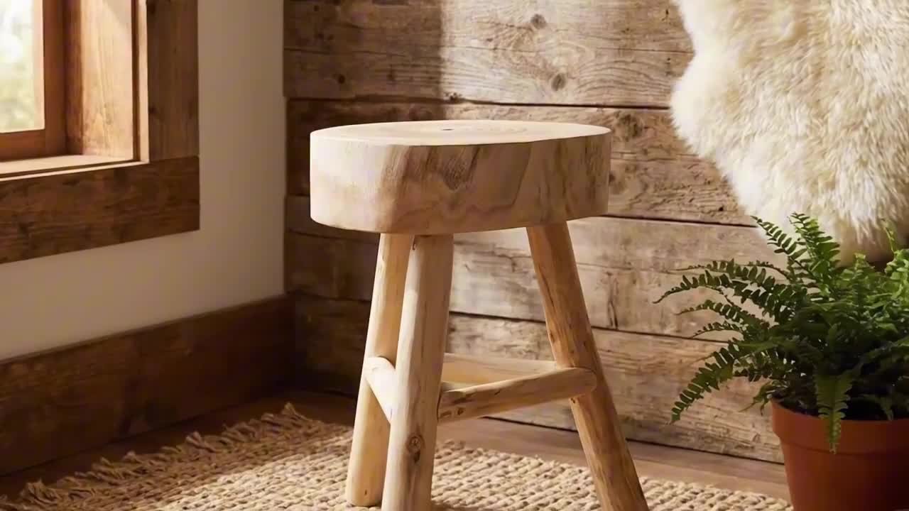 Pattern Edge Timber Liv & Skye Ivory/Tan 16 in. Solid Wood Round Live-Edge Accent Stool ...