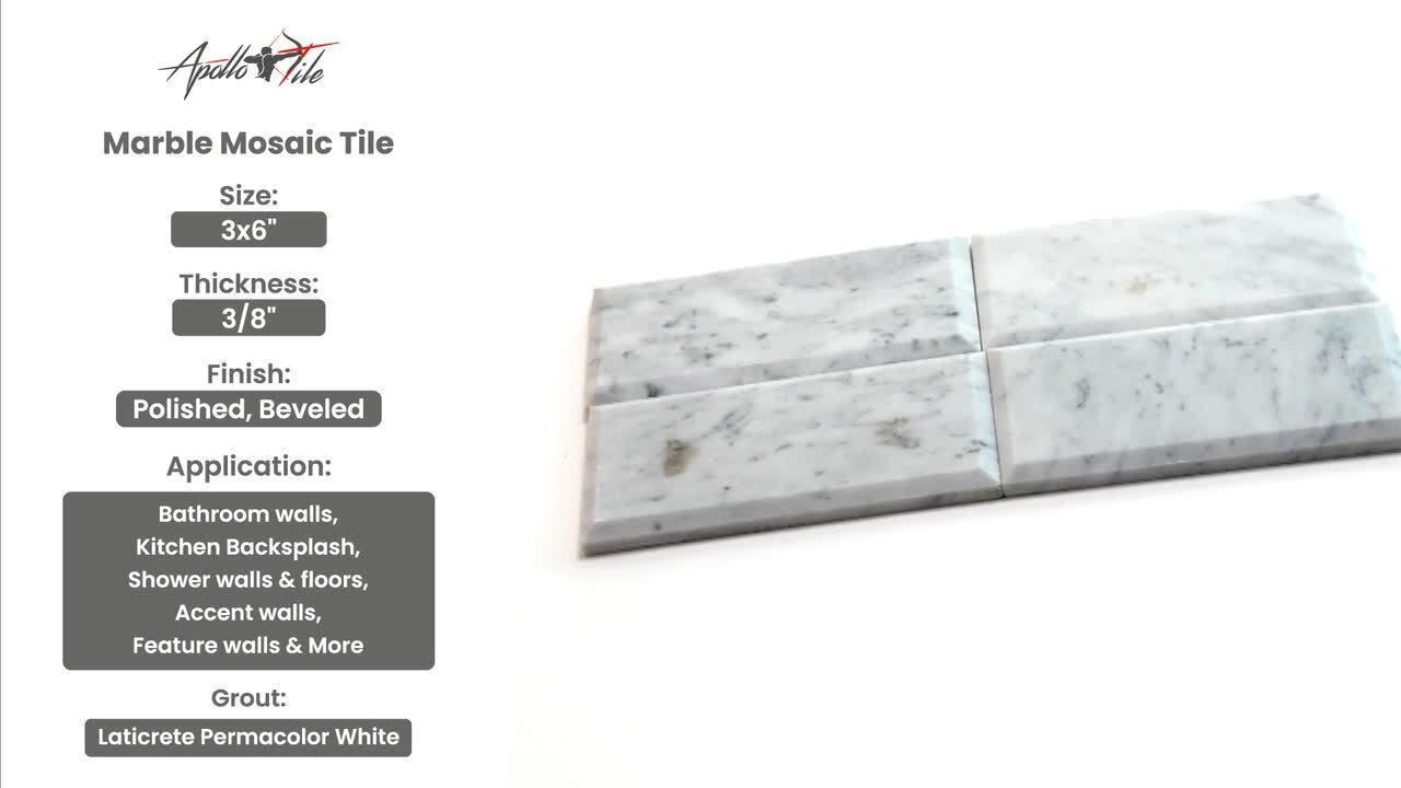 Ivy Hill Tile White Carrara Beveled 3 in. x 6 in. x 9mm Polished Marble Subway Tile (40 pieces / 5 sq. ft. / box) Ivy Hill Tile White Carrara Beveled 3 in. x 6 in. x 9mm Polished Marble Subway Tile (40 pieces / 5 sq. ft. / box)