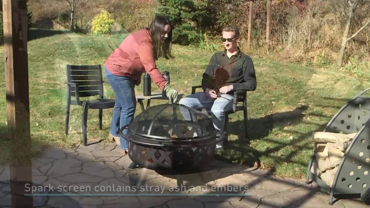 Cross Weave 36 in. x 24 in. Large Round Steel Wood Burning Fire Pit in Bronze with Spark Screen