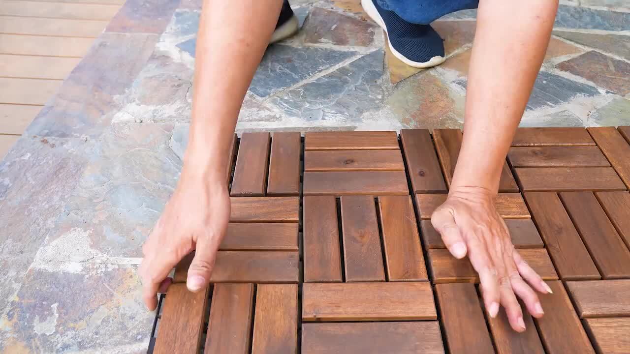 12 in. x 12 in. Outdoor Checker Pattern Square Wood Interlocking Flooring Deck Tiles in Brown (Pack of 30 Tiles)