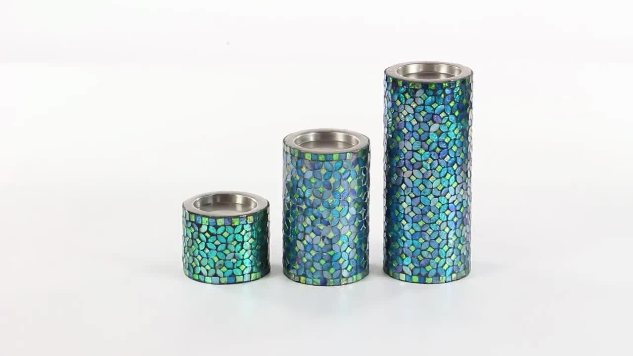 Teal Metal Handmade Candle Holder with Mosaic Pattern (Set of 3)