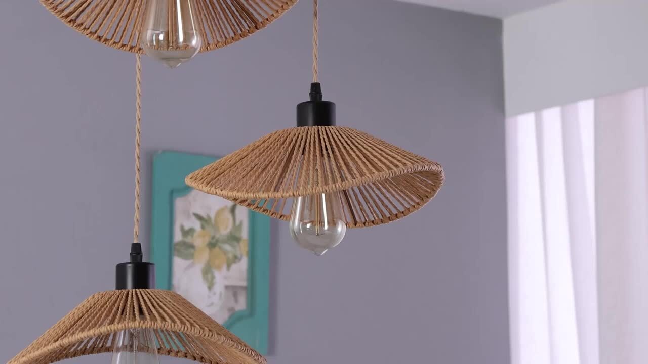 Genoci 3-Light Rattan Farmhouse Black Cluster Chandelier for Kitchen Island Living Room Bedroom with No Bulbs Included OY8017-3Br