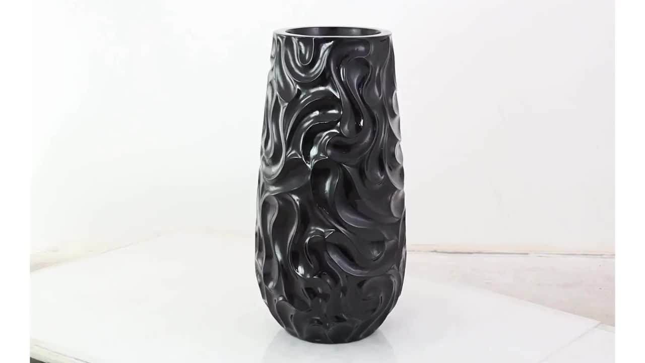 Litton Lane 36 in. Black Large Wavy Textured Floor Resin Decorative Vase