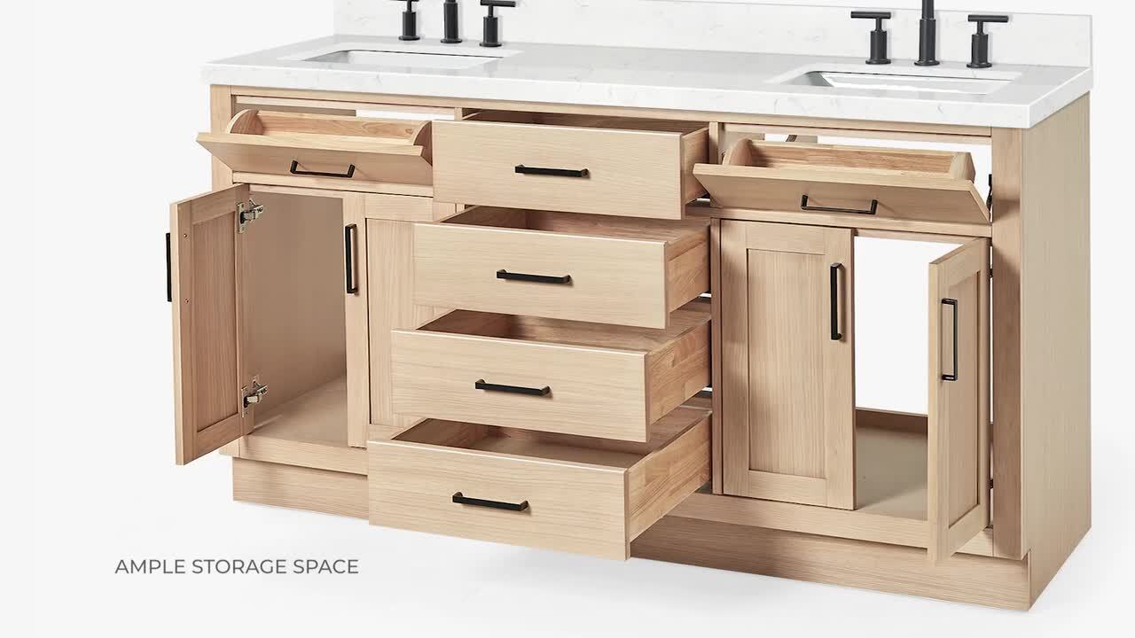 Eviva Storehouse 84 in. W x 22 in. D x 33 in. H Double Sink Freestanding Bath Vanity in White With White Carrara Quartz Top