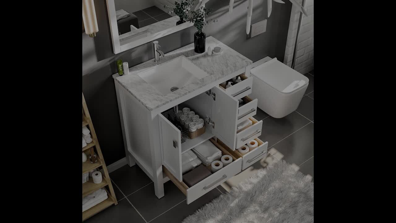 Eviva London 38 in. W x 18 in. D x 34 in. H Bathroom Vanity in Gray with White Carrara Marble Top and White Sink