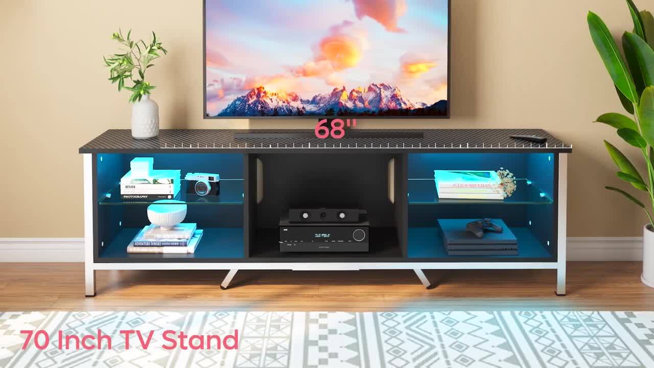 Bestier Gaming TV Stand for TVs up to 70 inch Home Entertainment Center  Storage Cabinet with LED Light Modern TV Media Console with Glass Shelves  for Living Room Bedroom Black Marble 
