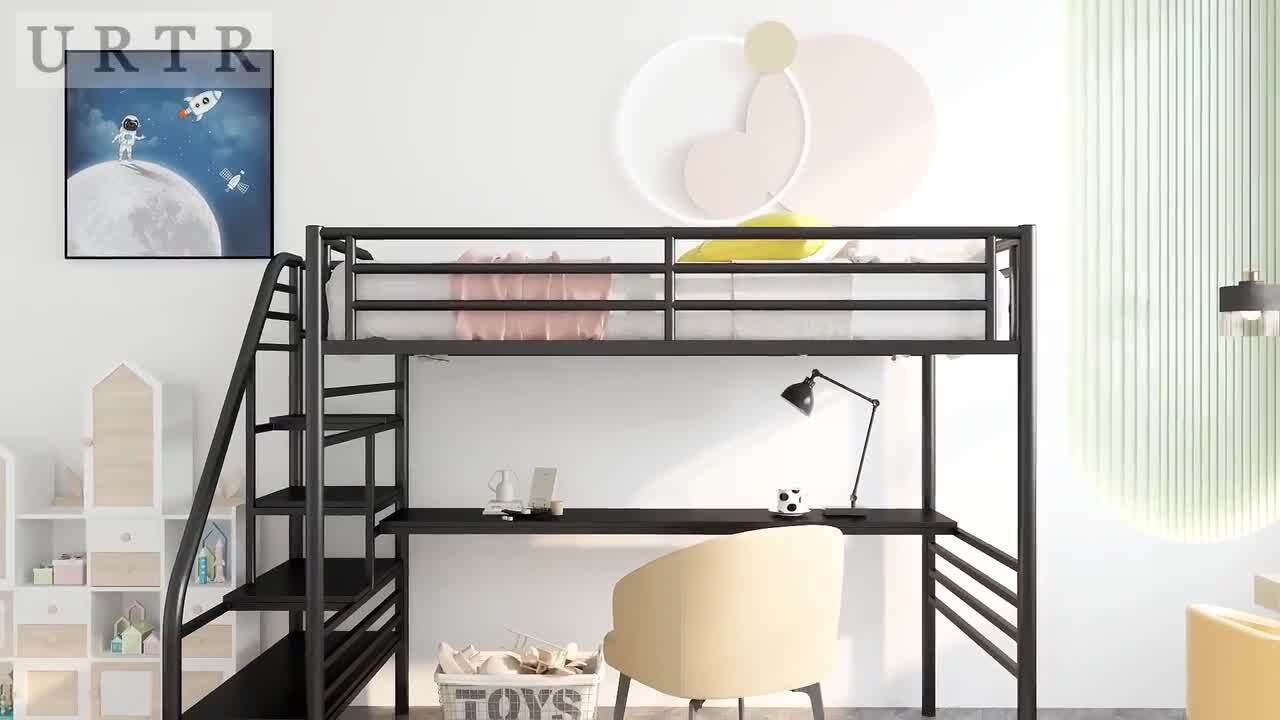 Urtr Black Metal Loft Bed With Desk Twin Loft Beds Frame With Storage Shelves Stairway And Safety Rails For Kids Bedroom T B The Home Depot