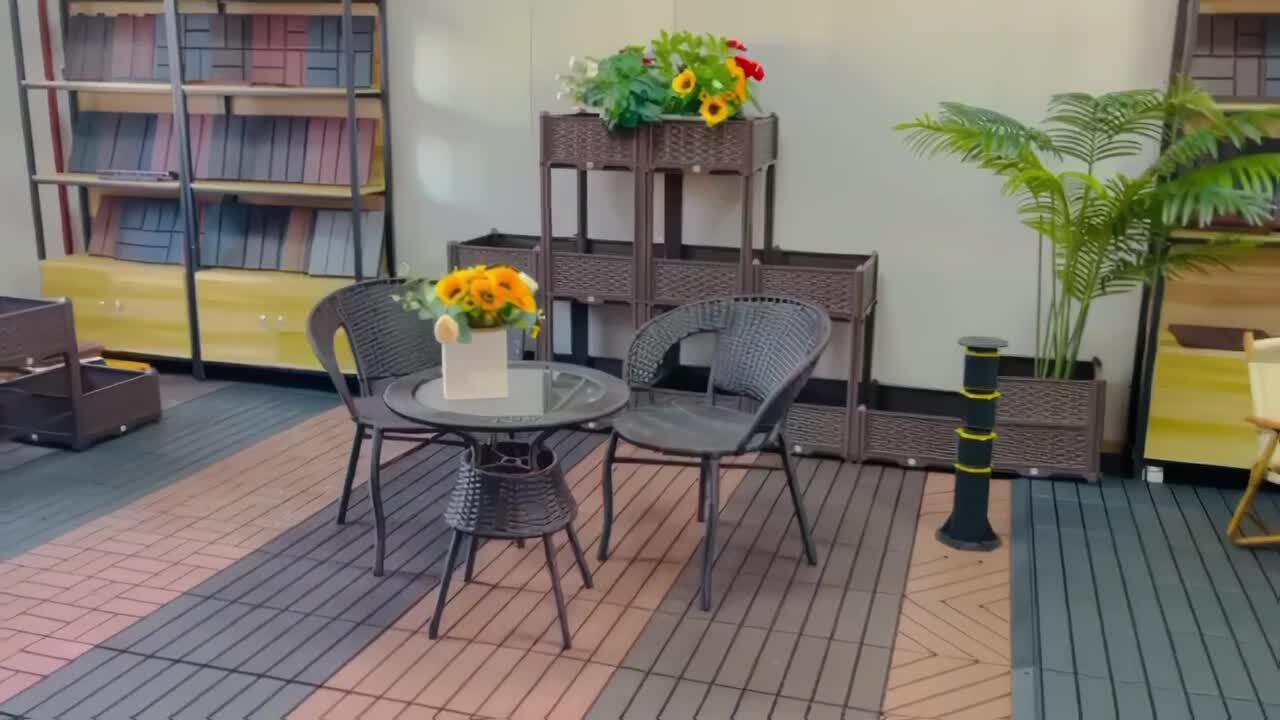 GOGEXX 12 in. W x 12 in. L Outdoor Diagonal Stripe Plastic Composite Flooring Deck Tiles (35 per box), Light Coffee