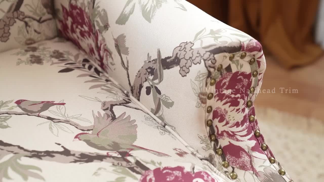 Uixe Retro Navy Blue Floral Pattern Linen Nailhead Trim