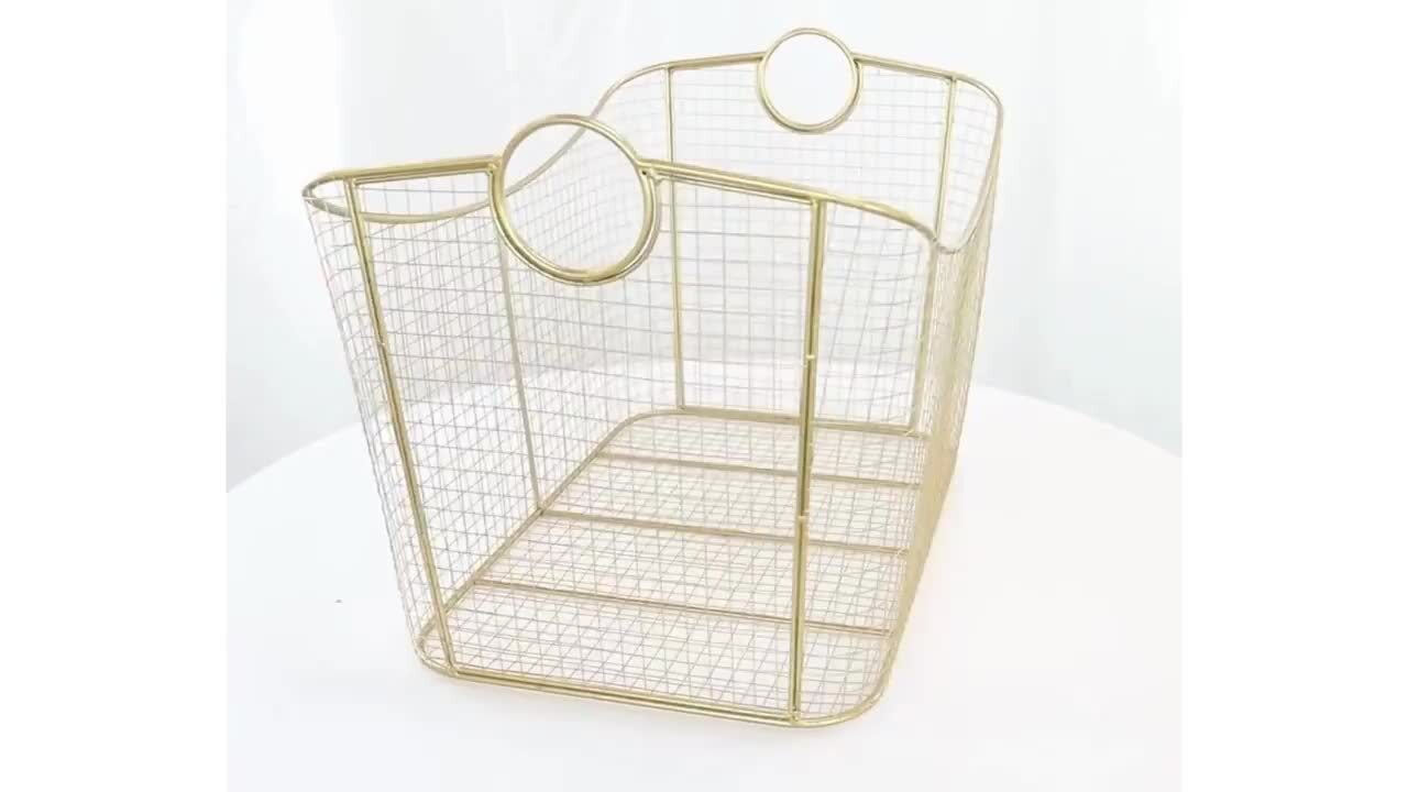 Litton Lane - Geometric Gold Metal Wire Grid Storage Basket with Curved Edges Ring Handles