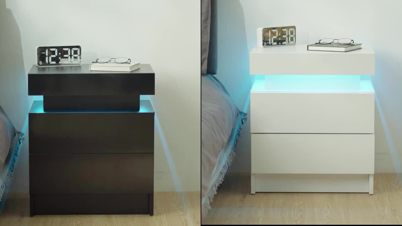 WOODYHOME 2-Drawer Black LED Nightstand 20.5 in. H x 17.7 in