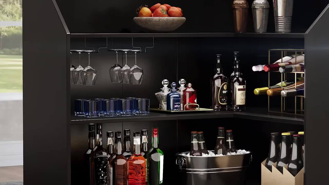 BYBLIGHT Kearsten Black 46.5 in. Corner Bar L-Shaped Home Bar Table with Stemware Racks, 4-Tier Bar Cabinet Unit Liquor Table BB-YS0248-ZMZ