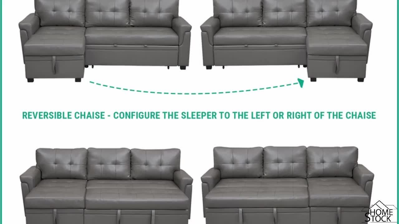 HOMESTOCK - 84.64 in. Velvet L-Shaped Sleeper Sectional Sofa with Square Arms in. Gray, Reversible Chaise, and Pull-out Sofa Bed