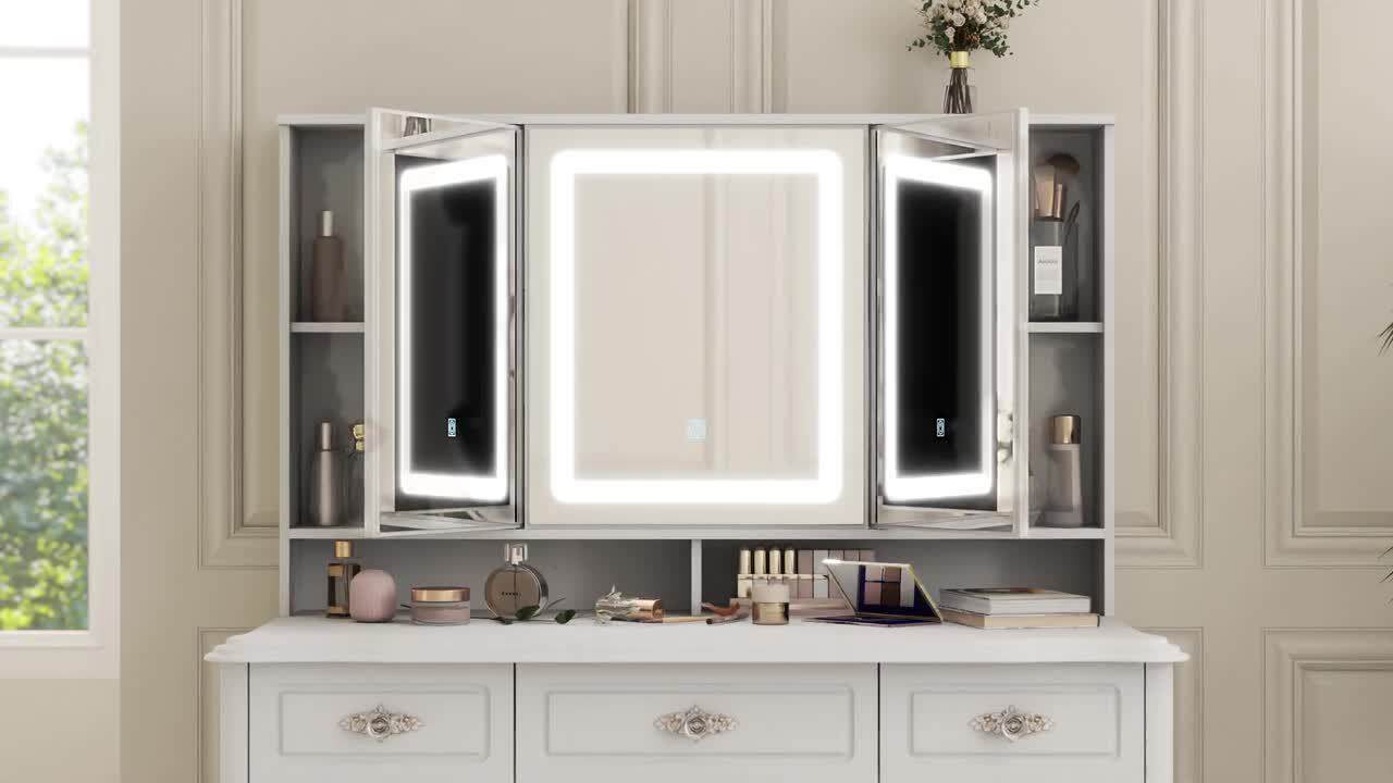 FUFU&GAGA White Makeup Vanity Table Dressing Desk W/3-Mirrors,LED