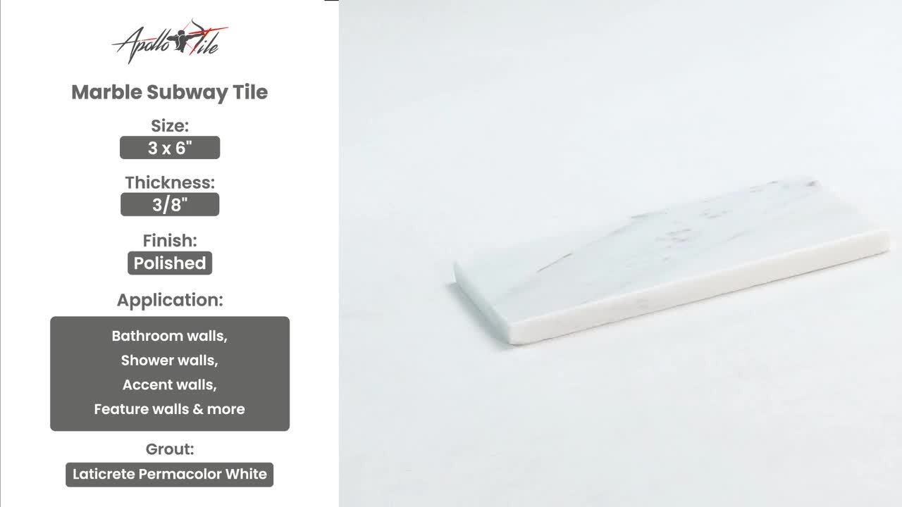 Ivy Hill Tile White Carrara Beveled 3 in. x 6 in. x 9mm Polished Marble Subway Tile (40 pieces / 5 sq. ft. / box) Ivy Hill Tile White Carrara Beveled 3 in. x 6 in. x 9mm Polished Marble Subway Tile (40 pieces / 5 sq. ft. / box)