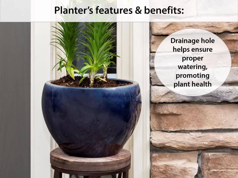 Vigoro 10.6 in. Amherst Medium Blue Glazed Stone Pot (10.6 in. D x