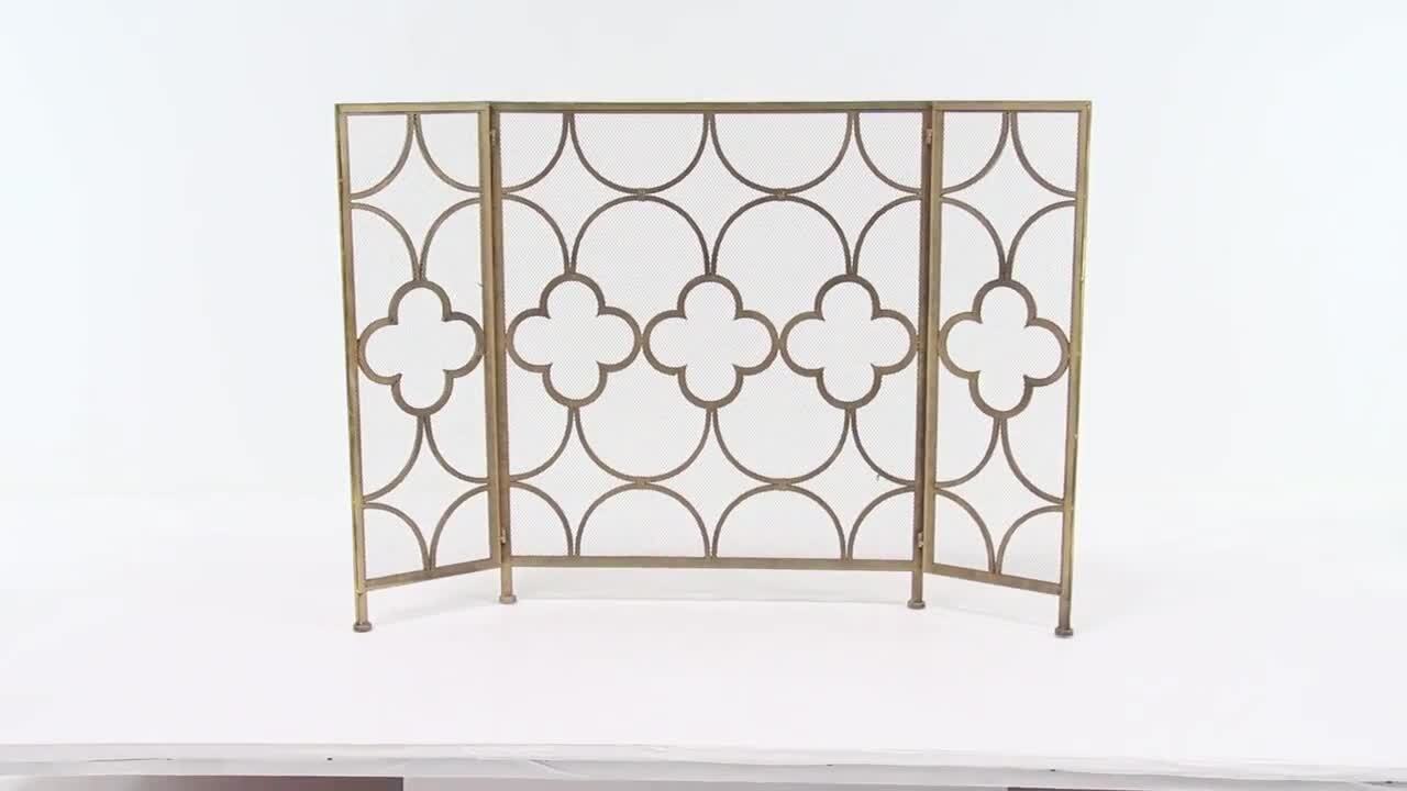 Litton Lane Brass Metal Geometric Foldable Mesh Netting 3 Panel Fireplace  Screen with Circle Pattern 50365 - The Home Depot