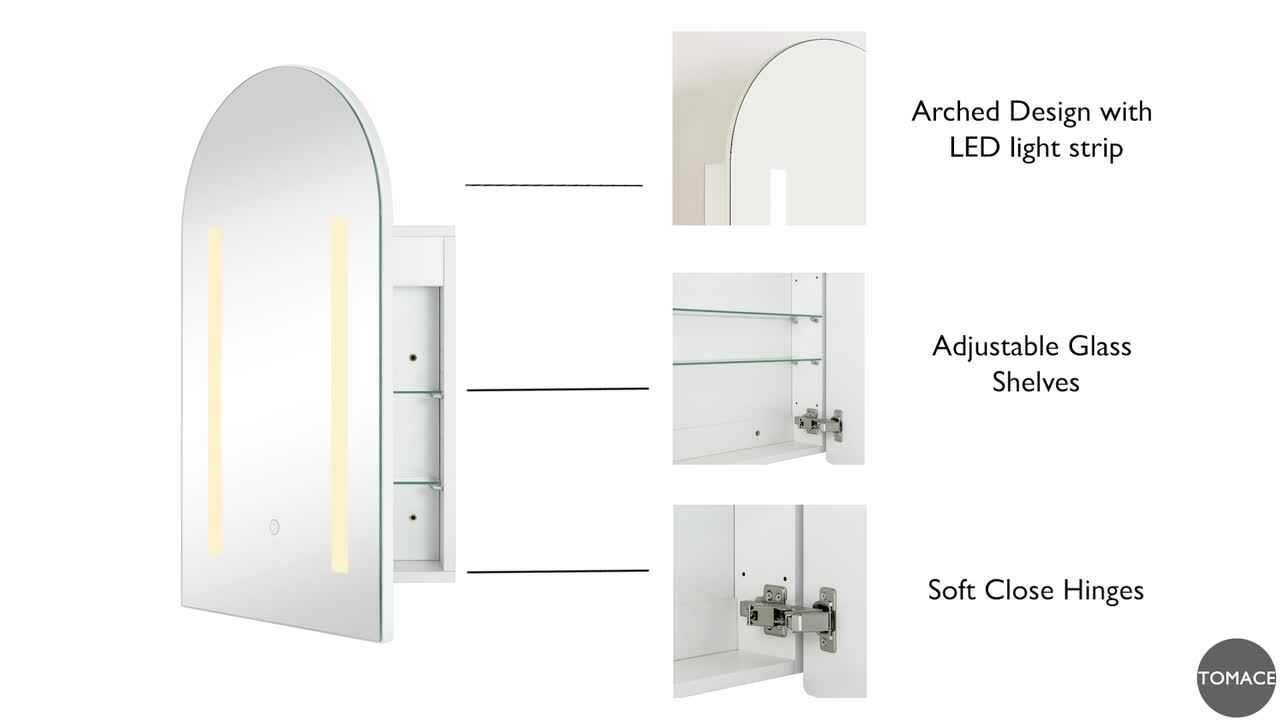 TEHOME 16-in x 28-in Lighted Surface Mount White Mirrored Arched Soft Close Medicine Cabinet