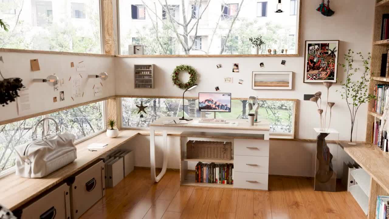 FUFU&GAGA 55.1 in. L-Shaped Oak and White Wood Writing Desk FUFU&GAGA 55.1 in. L-Shaped Oak and White Wood Writing Desk