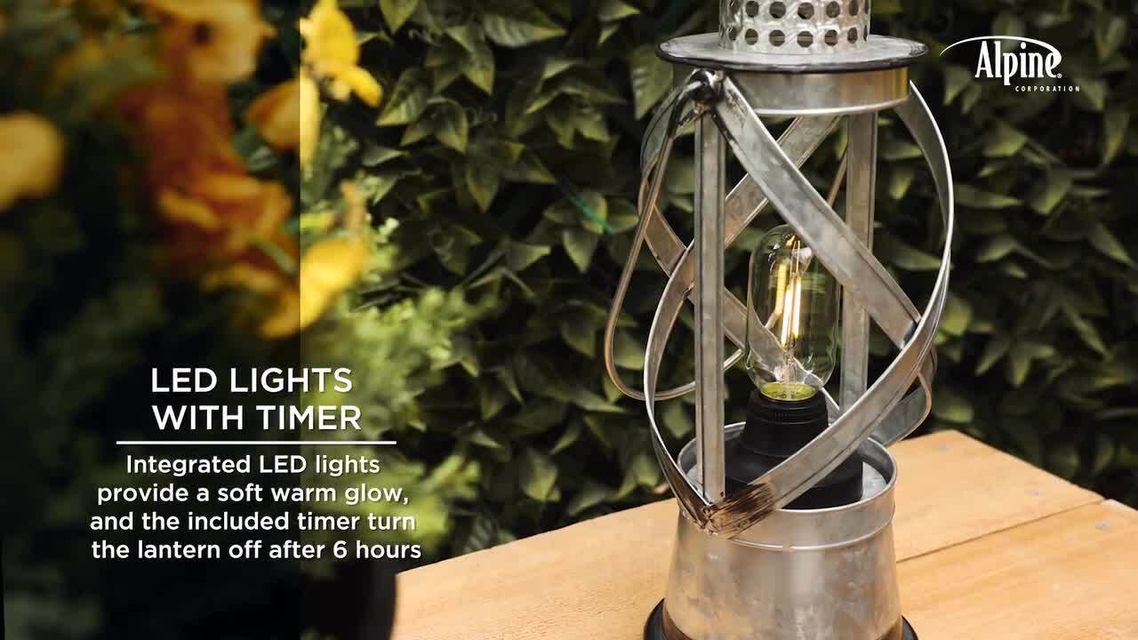 Alpine Corporation 15 Indoor/Outdoor Vintage Metal Lantern with LED Lights Silver