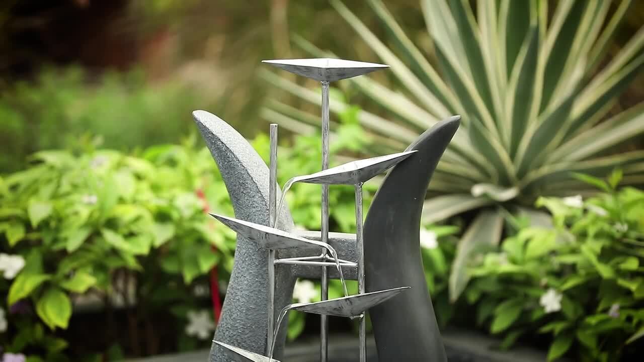 37 H Modern Abstract Metal Floral Cement Outdoor Fountain