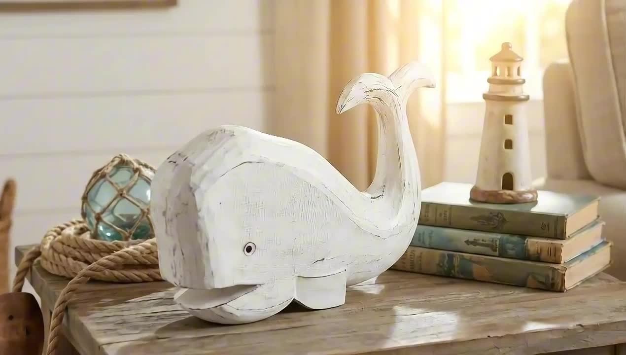 Liv & Skye White 15 in. x 9 in. Wood Whale Figurine 19004 - The