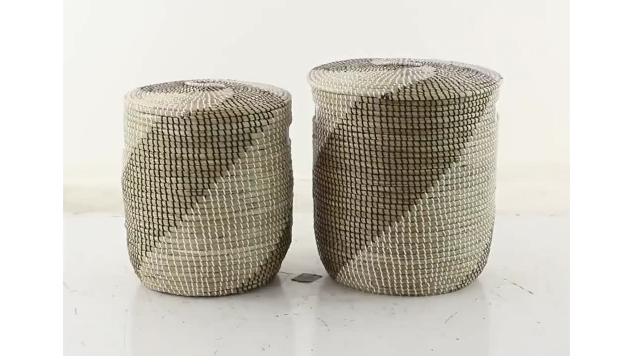 Litton Lane Seagrass Handmade Two Toned Storage Basket with Matching Lids ( Set of 2) 041279 - The Home Depot
