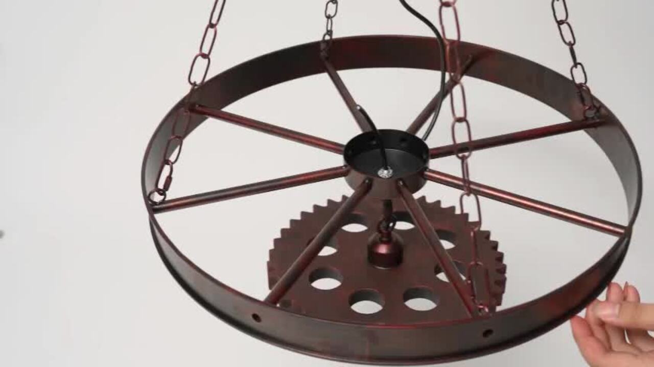 OUKANING 39.37 in. 9-Light Brown Retro Industrial Gear Wheel